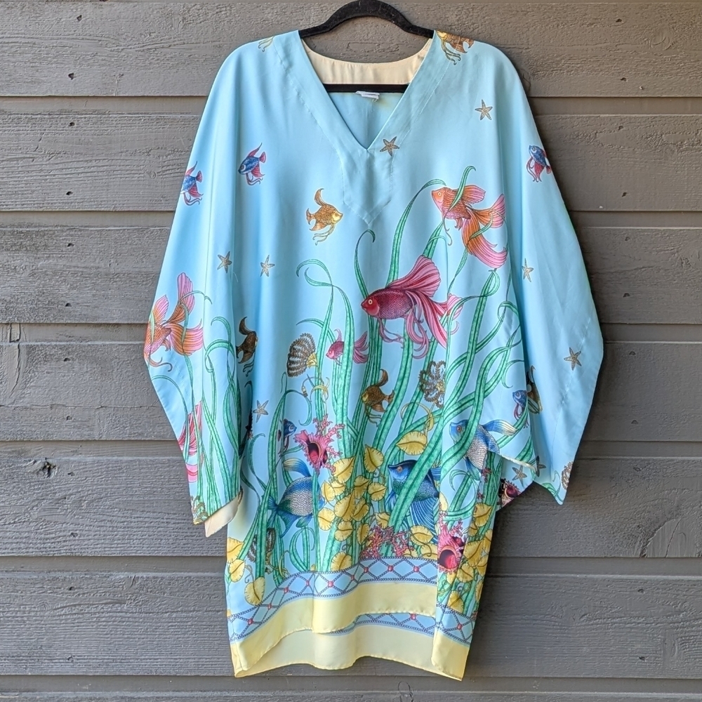 VTG Natori Under the Sea Fishes Kimono Top Dress Size Small Blue Yellow